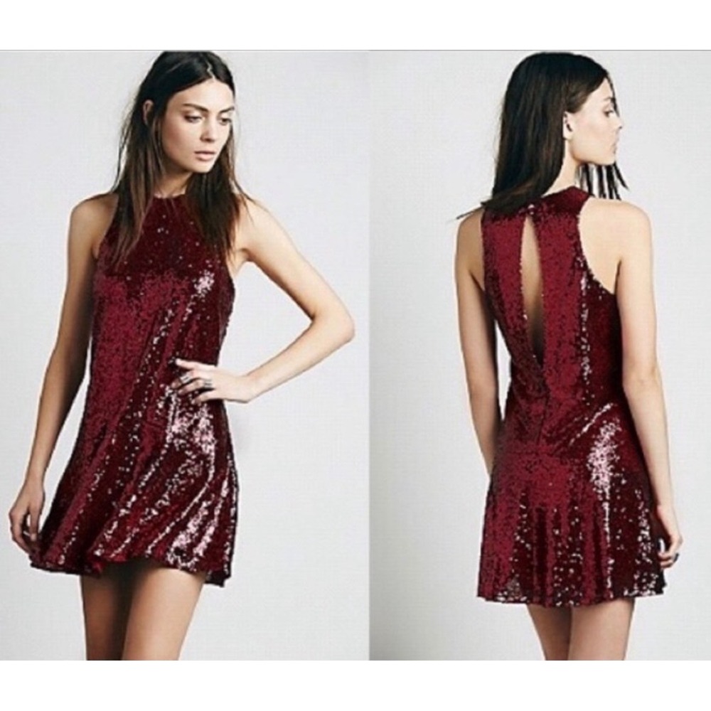 Free People Liquid Shine‎ Sequin Mini Dress Cranberry Red Keyhole Back XS